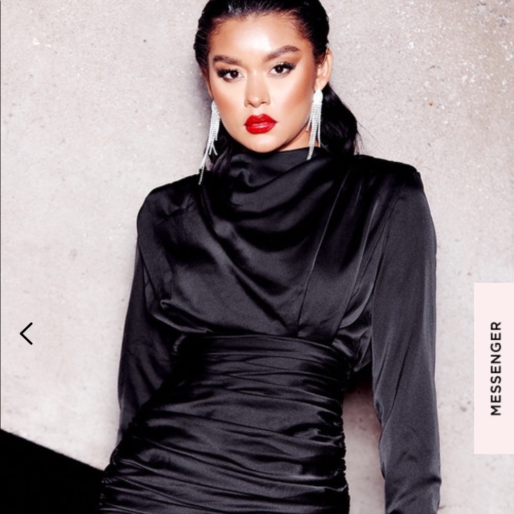 Black Satin Ruched Mini Dress